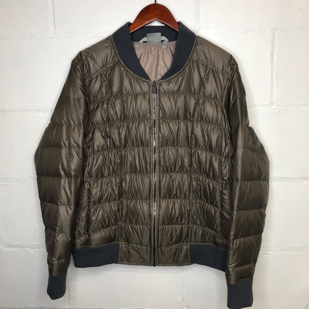 Athleta Women's Size 1X Dobby Brown Gray Goose Down Puffer Jacket Bomber